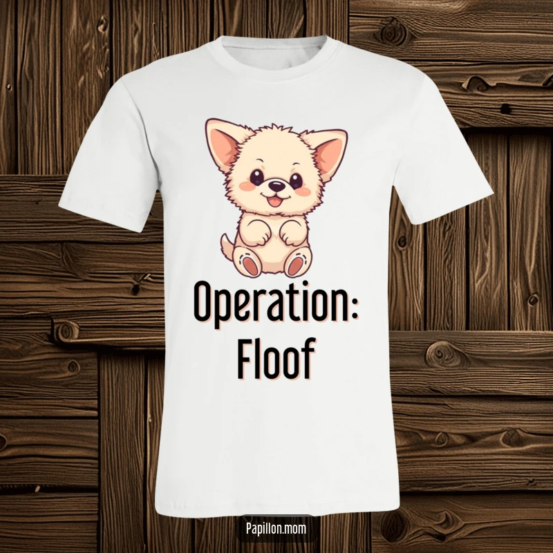 Funny t-shirt depicting a small, fluffy dog with huge ears, enthusiastically fluttering its paws, capturing a moment of pure, uncontainable canine delight.