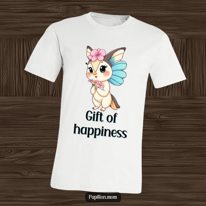 Funny Kawaii Papillon Lady t-shirt of a dog gracefully offering a small flower, symbolizing kindness and gentle humor, ideal for a sweet gift.