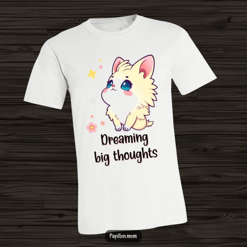 Funny Kawaii Papillon t-shirt featuring a cute lady gazing skyward with eyes brimming with wonder and sweet enchantment.