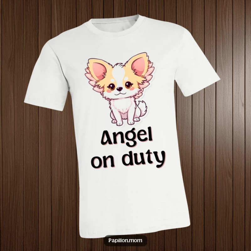 Funny Papillon dog t-shirt depicting a cute character with oversized, gently flapping wings, radiating sweetness and a whimsical, dreamy vibe.