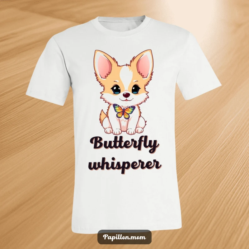 Funny Papillon dog t-shirt with a butterfly artfully balanced on its nose, celebrating canine acrobatics and cute design.
