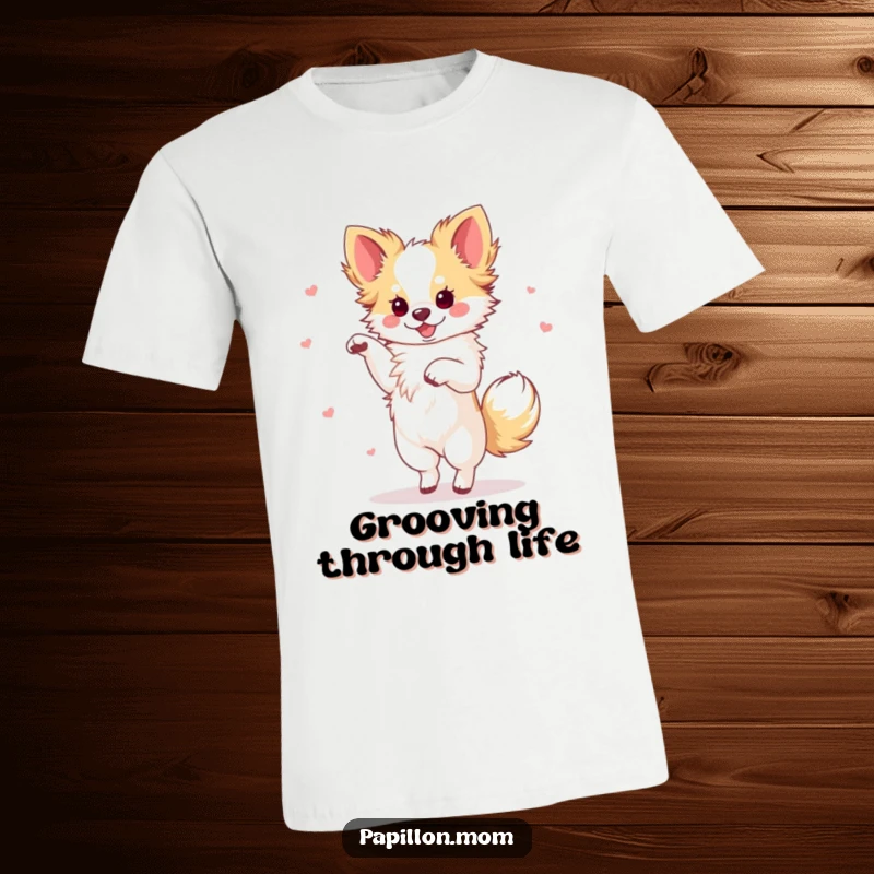 Funny Papillon dog captured mid-dance with a flourish, exuding elegance and joyful energy on a t-shirt.