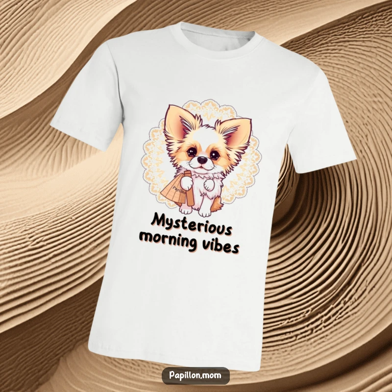 Funny Papillon dog playfully peeking over the edge of an ornate lace fan, on a stylish and humorous t-shirt.