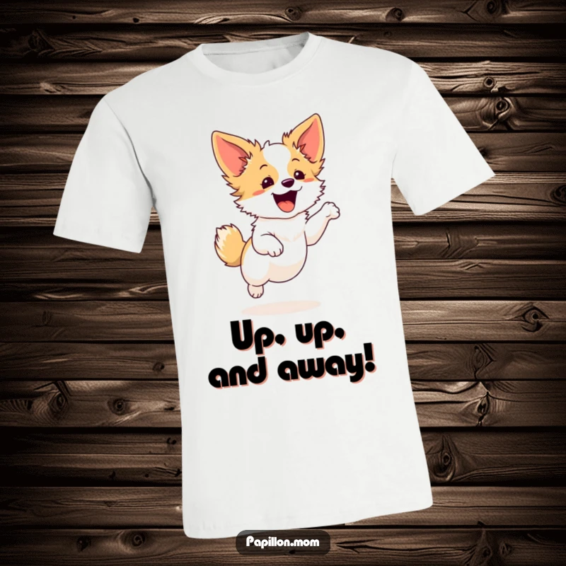 Funny Papillon dog t-shirt depicting a cute character in a small, graceful leap, showcasing excitement and a lighthearted, energetic demeanor.