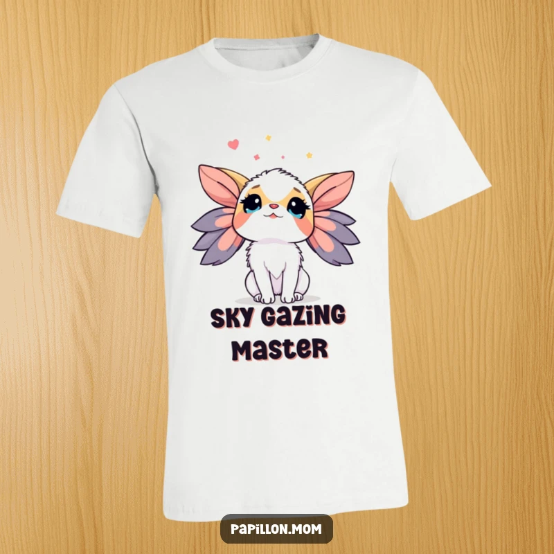 Funny Papillon Lady Dog T-Shirt capturing a moment of looking up at the sky with wonder, perfect for expressing dreams and curiosity.