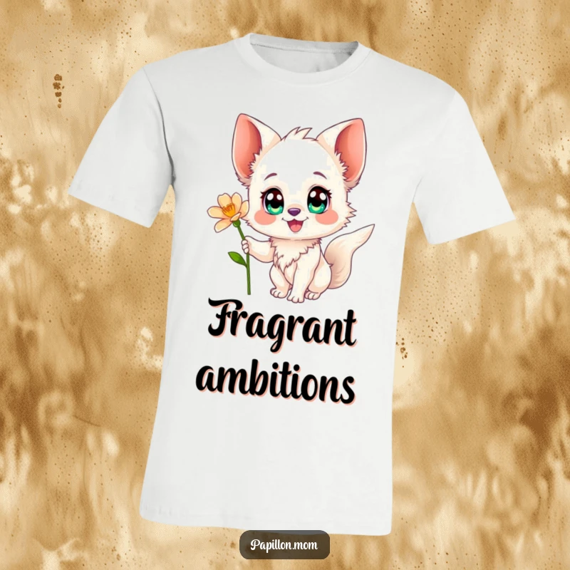 Funny Papillon t-shirt featuring a happy Papillon dog with expressive eyes delicately reaching for a flower, celebrating canine sweetness.