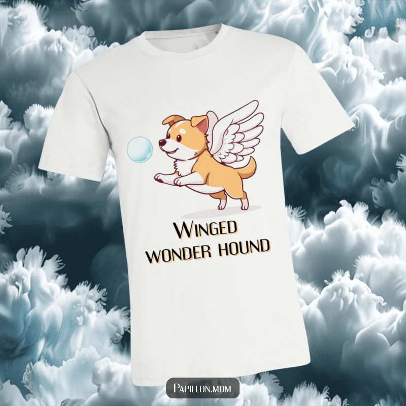 Funny t-shirt featuring a dog with majestic wings, playfully engaged in chasing a delicate, floating bubble, embodying pure, innocent joy.