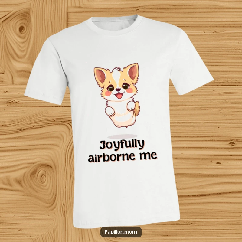 Funny Kawaii Papillon Dog T-Shirt featuring a Papillon dog leaping playfully with a joyful sparkle in its eyes, full of energy.