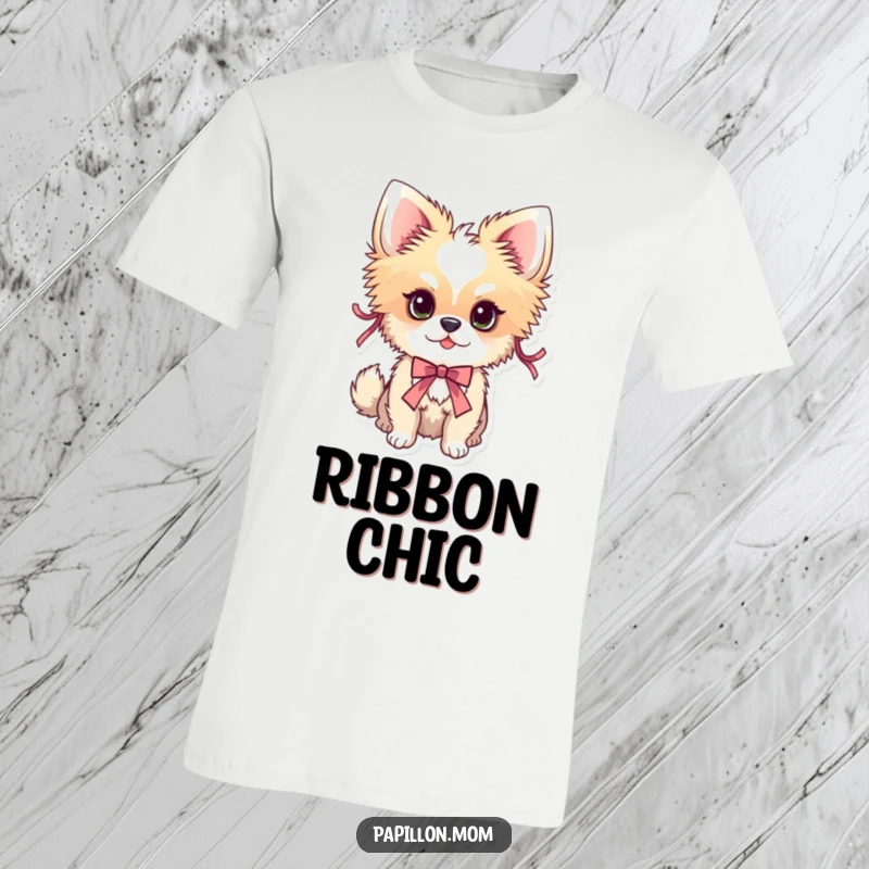 Funny Papillon dog t-shirt featuring a dog decorated with elegant, colorful ribbons, celebrating canine fashion.