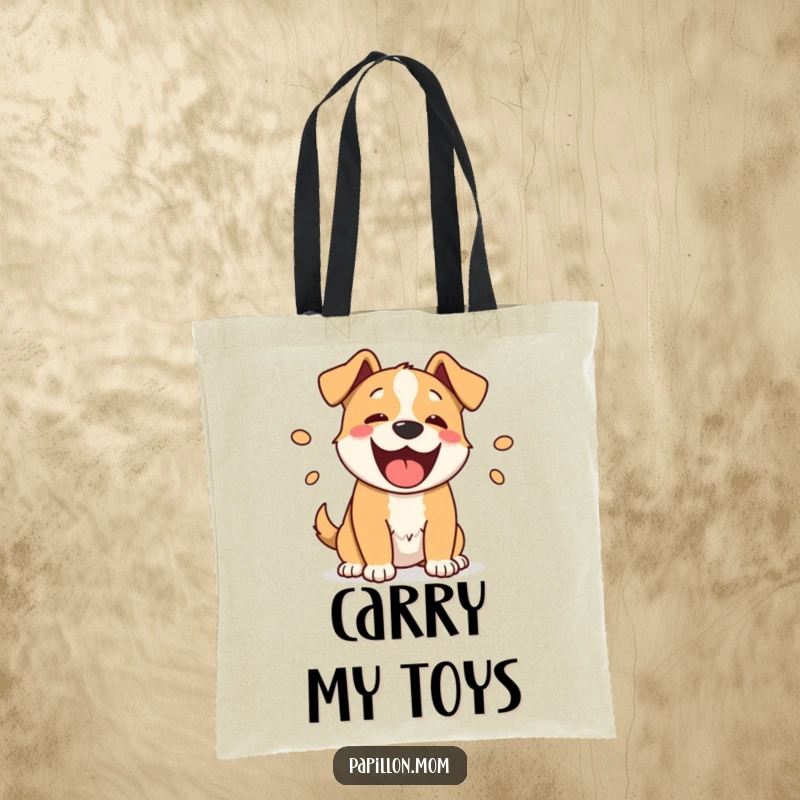 Funny barking dog tote bag showcasing a happy dog with playful sound ovals, ideal for everyday use.