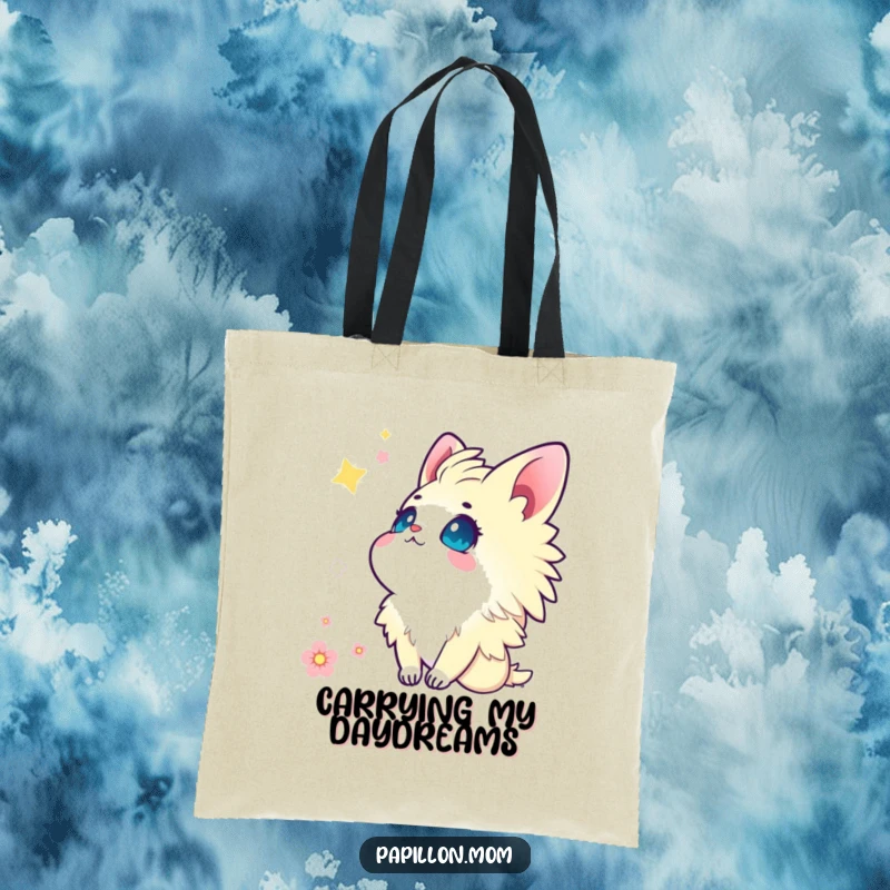 Funny Kawaii Papillon tote bag showcasing a cute lady looking up at the sky with eyes full of wonder and sweet innocence.