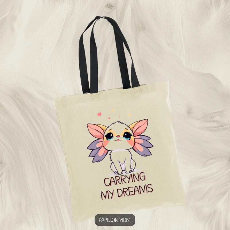 Funny Papillon Tote Bag showcasing a lady dog looking up at the sky with wonder, a cute and humorous accessory for daily use.