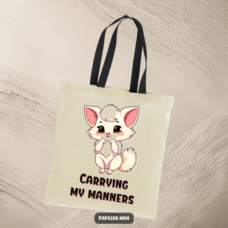Funny Papillon Tote Bag showcasing a lady dog doing a graceful little bow, a cute and humorous accessory for daily use.