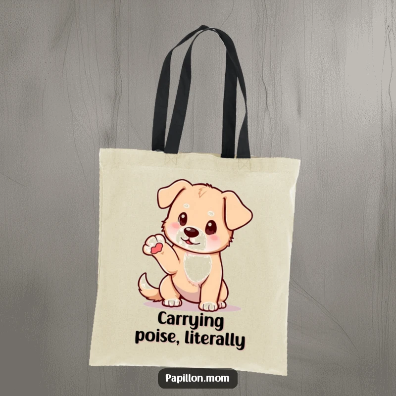 Funny tote bag featuring a dog in a delicate pose, one paw elegantly extended; perfect for carrying daily items with flair.
