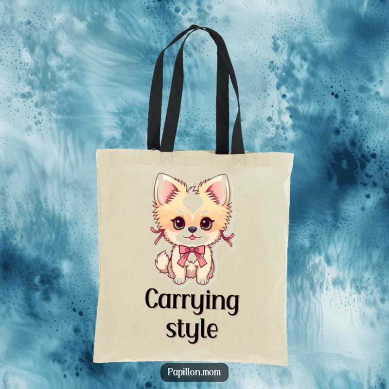 Funny Papillon dog tote bag displaying a dog adorned with festive ribbons, perfect for stylish and practical carrying.