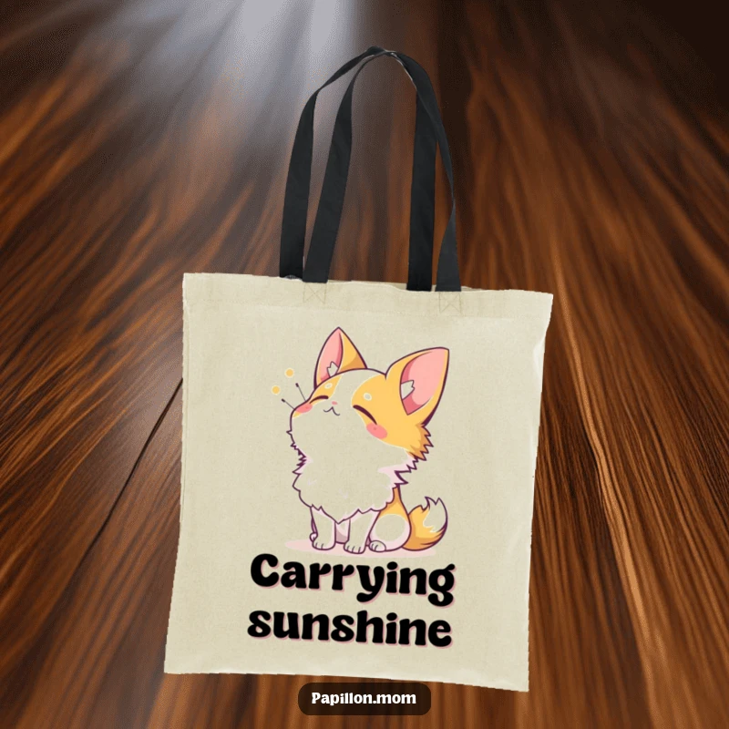 Funny Papillon tote bag featuring a dog looking up at the sun with eyes closed and a contented sigh, symbolizing peace.