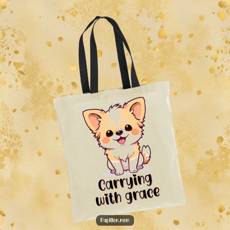 Funny Papillon dog executing a cute and polite curtsy, illustrated on a practical and humorous tote bag.