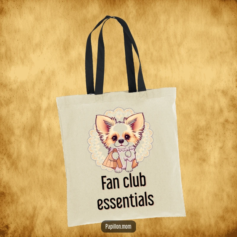 Funny Papillon dog discreetly peeking from behind a large, decorative lace fan, on a trendy tote bag.