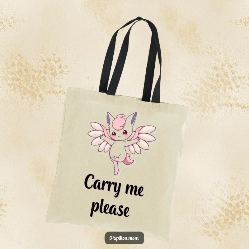 Funny tote bag showing a character balancing on one paw with wings outstretched, perfect for carrying items with a sense of poise.