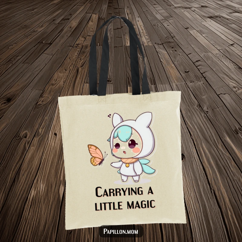 Funny tote bag with a character expressing pure astonishment and delight at a butterfly landing gracefully, a charming accessory for any nature lover.