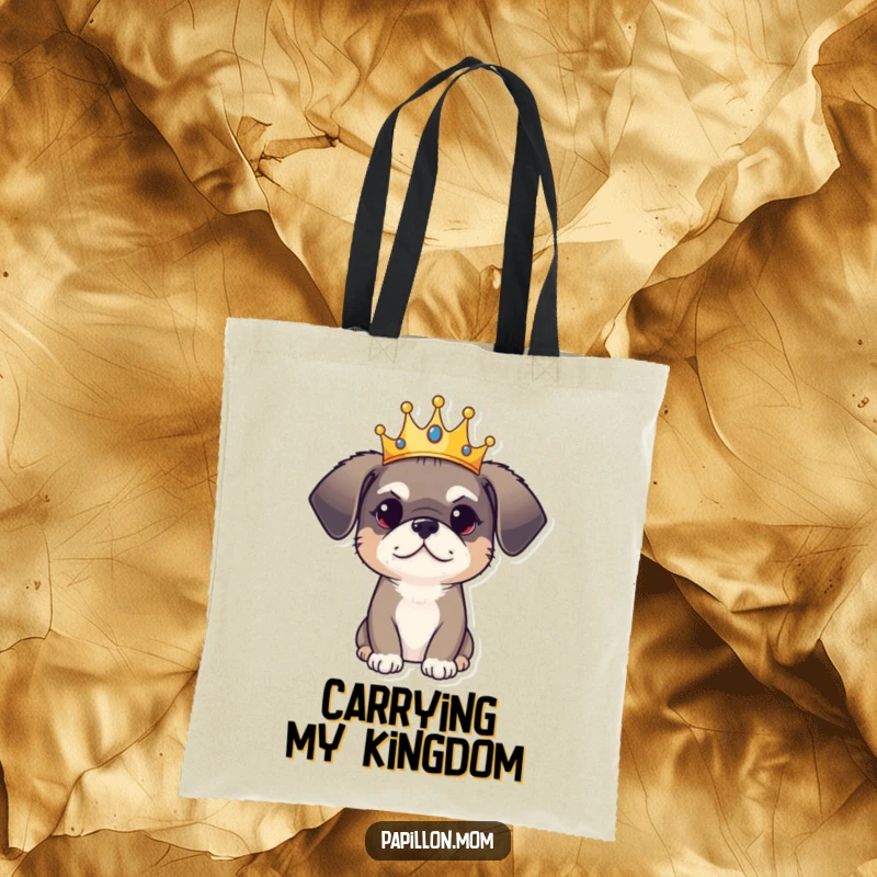Funny Tote Bag: A dog wears a tiny crown, showcasing a blend of regal dignity and playful charm.