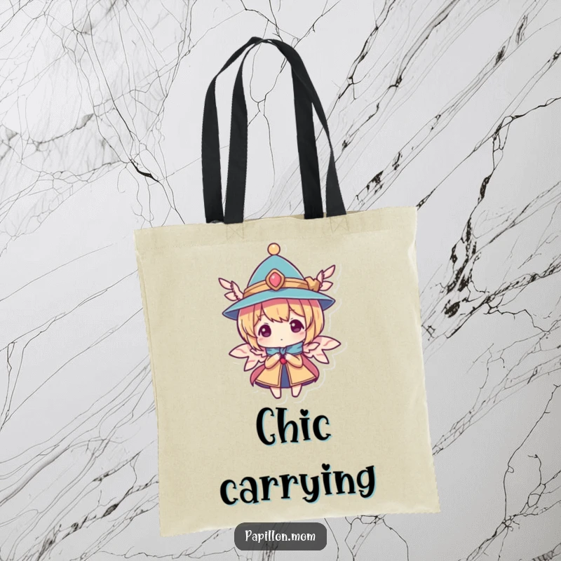Funny tote bag showcasing a character wearing an elegant tiny hat with delicately attached wings, perfect for stylish carrying.