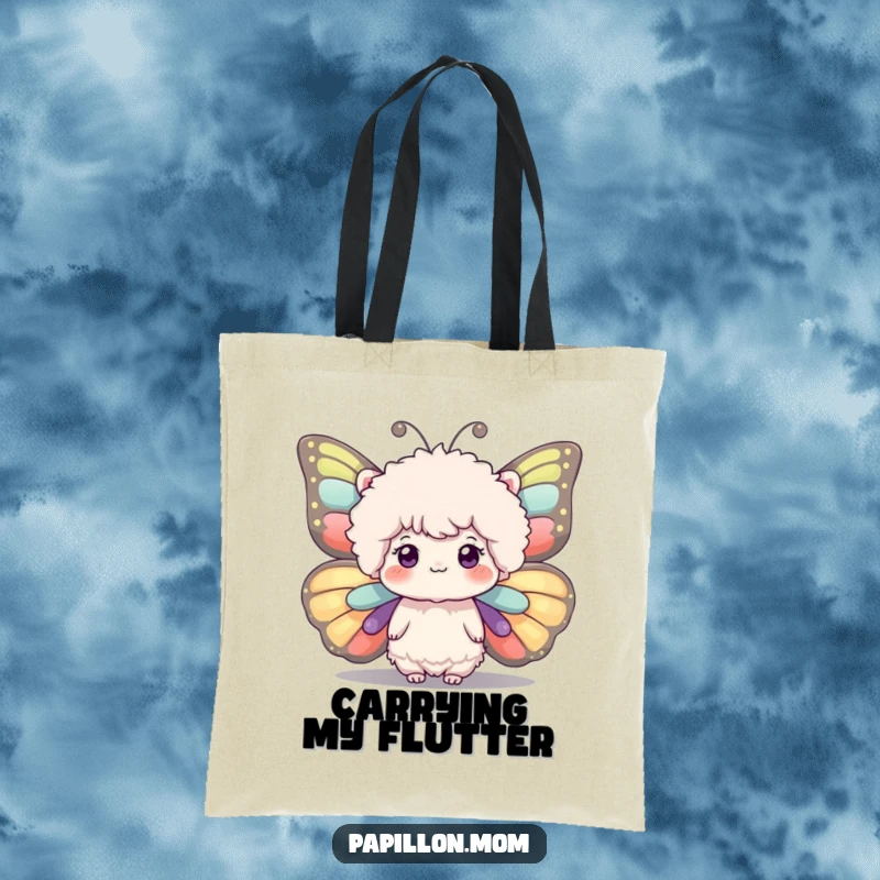Funny tote bag showcasing a fluffy head with large, expressive butterfly wings, perfect for carrying essentials with a whimsical flair.