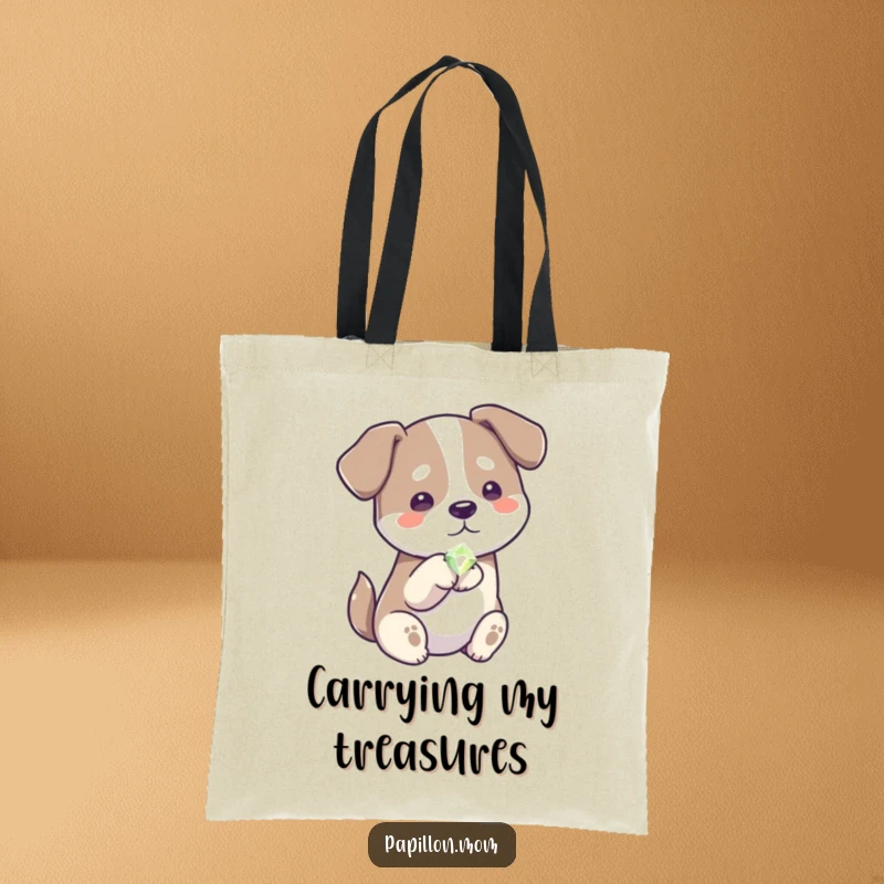 Funny generous dog tote bag, showcasing a dog offering a shiny gem, symbolizing generosity and style.