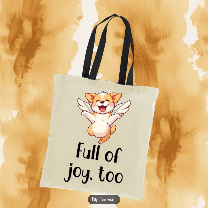 Funny tote bag featuring a dog leaping with joy, its wings giving it an extra boost; perfect for carrying daily items with cheer.