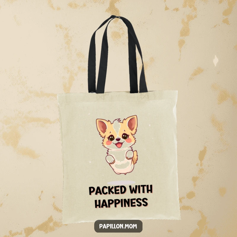 Funny Kawaii Papillon Dog Tote Bag with a Papillon dog leaping playfully with a joyful sparkle in its eyes, a cheerful accessory.