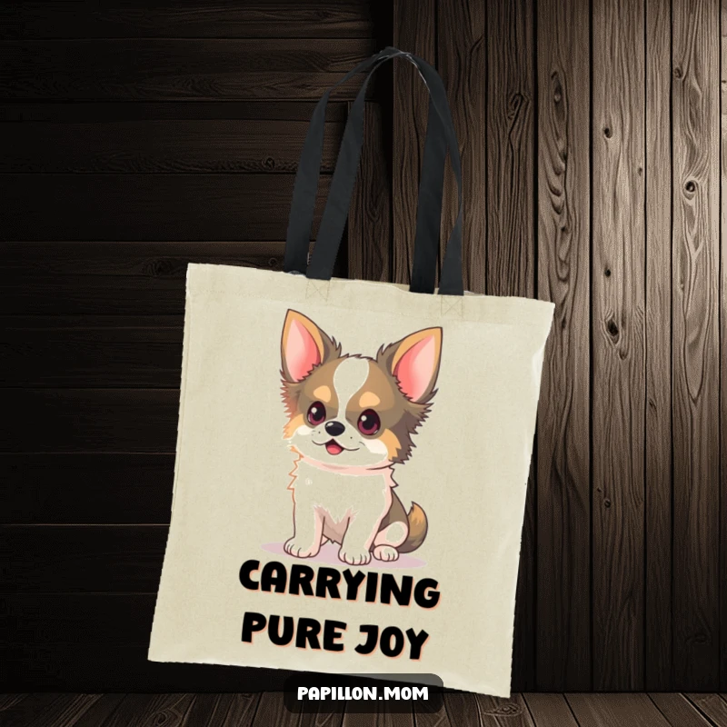 Funny Kawaii Papillon Dog Tote Bag with delicate ears perked, chasing a light beam, a whimsical accessory for daily errands.