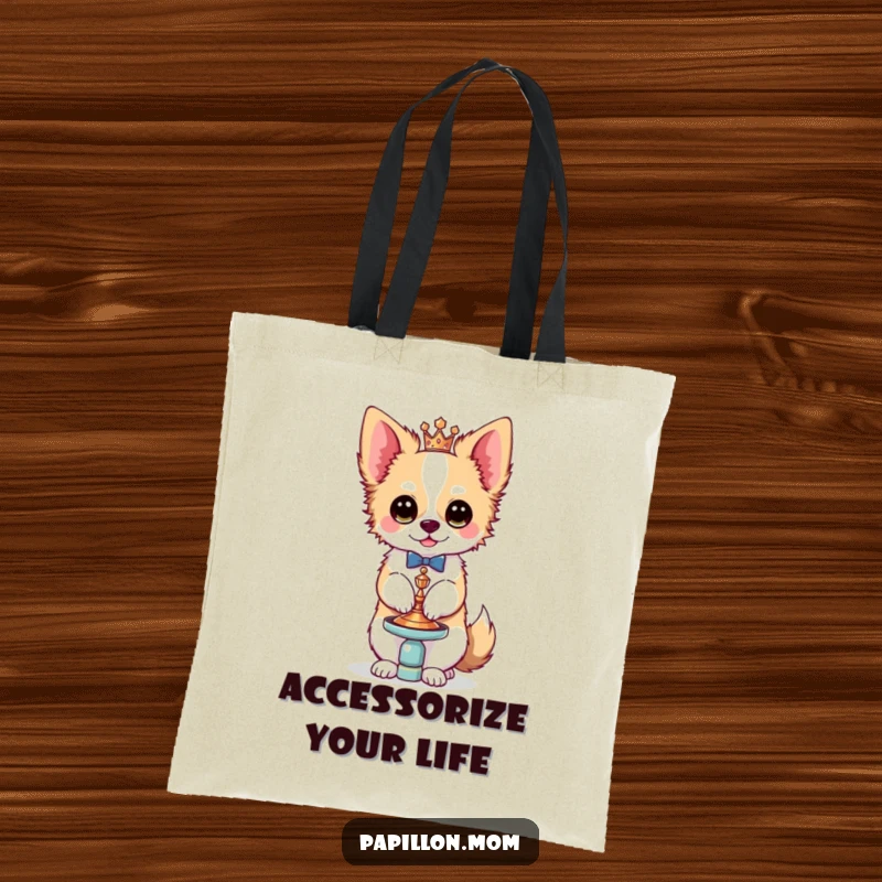 Funny Kawaii Papillon dog tote bag, showing a cute French butterfly dog balancing a small, ornate accessory with impeccable style and flair.