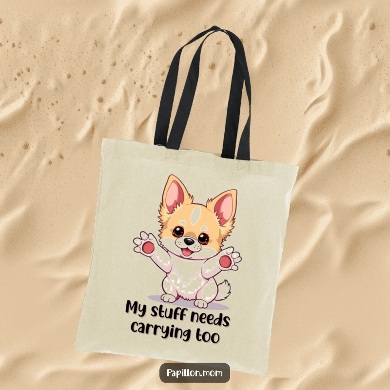 Funny Kawaii Papillon dog tote bag, adorable pup with paws up asking for attention, durable and stylish accessory.