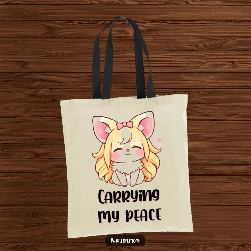 Funny Kawaii Papillon Lady tote bag featuring a dog with closed eyes and a tiny happy sigh, perfect for carrying daily essentials with humor.