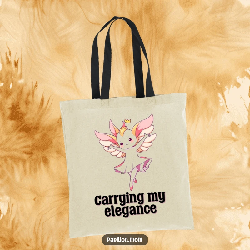 Funny Kawaii Papillon tote bag showcasing a cute lady performing a graceful aerial twirl, perfect for carrying essentials with elegance.