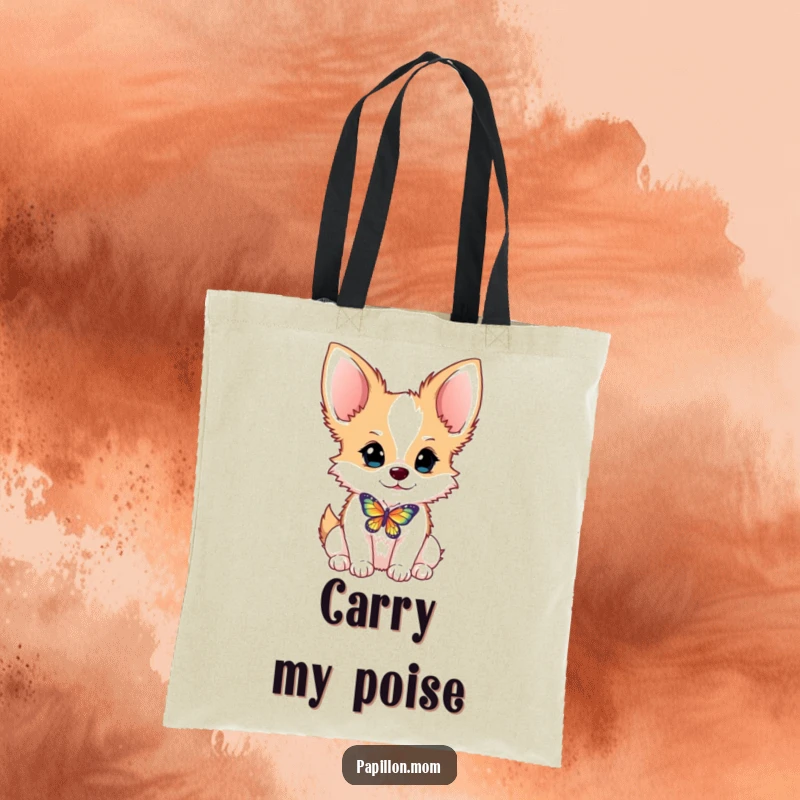 Funny Papillon dog tote bag with a butterfly balanced precariously on its nose, ideal for stylish, humorous carrying.