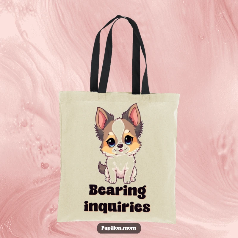 Funny Papillon dog tote bag showcasing a dog's bright, eager, and curious expression, perfect for daily use.