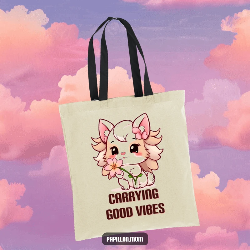 Funny Papillon Lady Tote Bag capturing a gentle offering of a delicate flower with a sweet smile, ideal for carrying kindness and essentials.