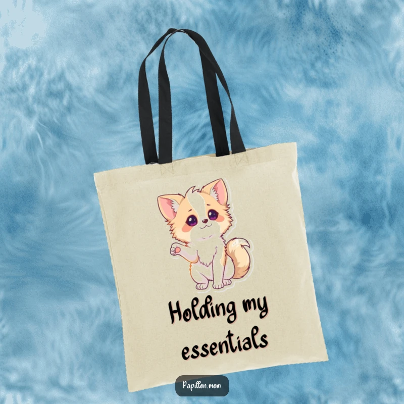 Funny Papillon Tote Bag showcasing a lady dog playfully extending a paw, a cute and humorous accessory for daily use.