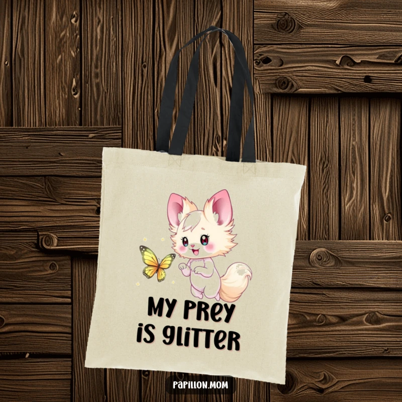 Funny Papillon Lady Tote Bag capturing a happy chase after a shimmering butterfly, ideal for carrying necessities with a playful spirit.