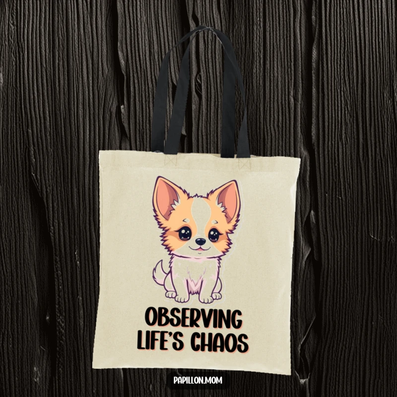 Funny Kawaii Papillon Dog Tote Bag with a Papillon dog with a curious tilt of its head, observing closely, a charming accessory.
