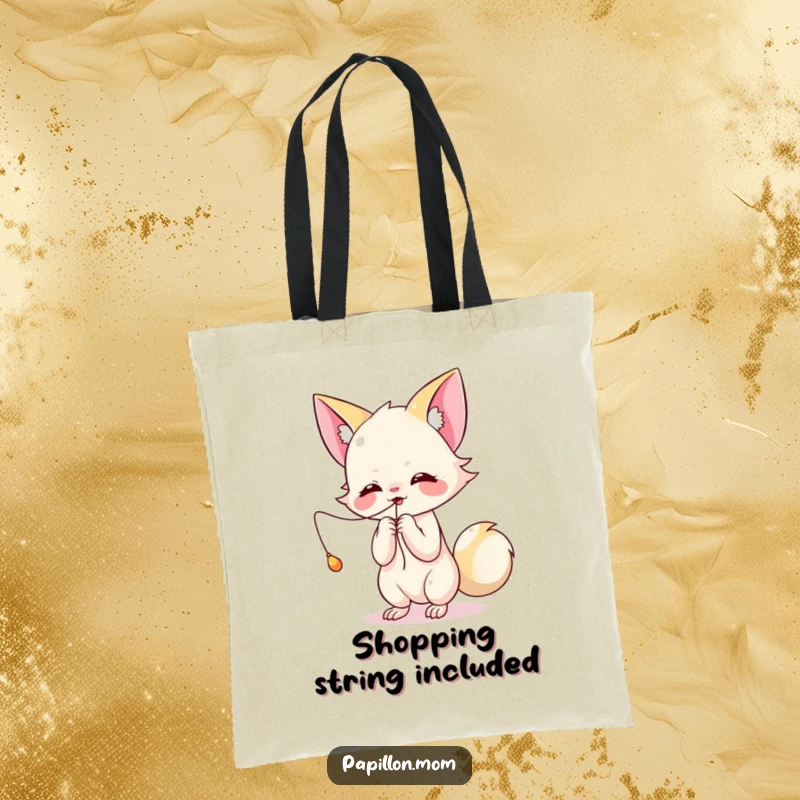 Funny Kawaii Papillon tote bag showcasing a cute lady playfully batting at a dangling string, perfect for carrying essentials with flair.