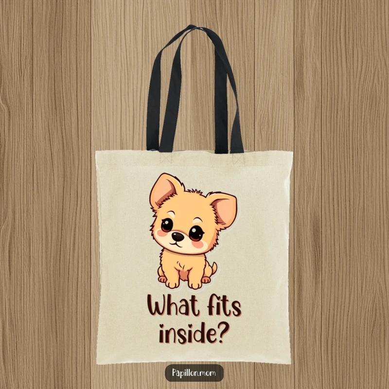 Funny tote bag showcasing a small, fluffy dog with large, floppy ears looking with an expression of sweet, gentle curiosity.