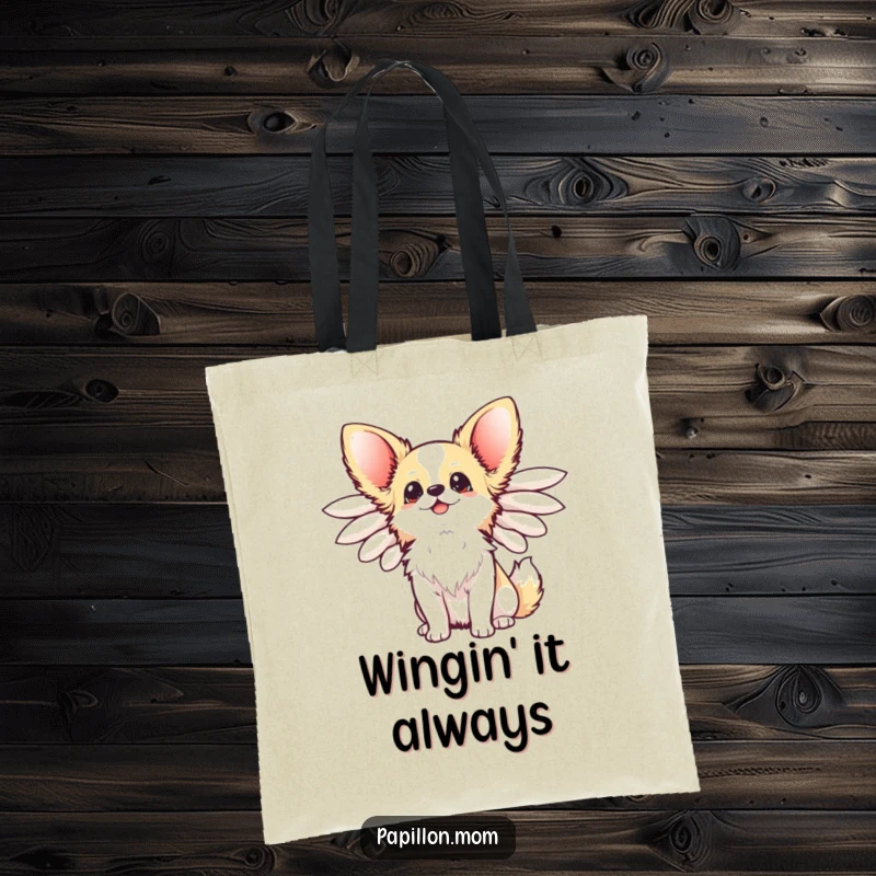 Funny Kawaii Papillon Dog Tote Bag with elegant wings flared, looking up happily, a charming accessory for carrying joy.